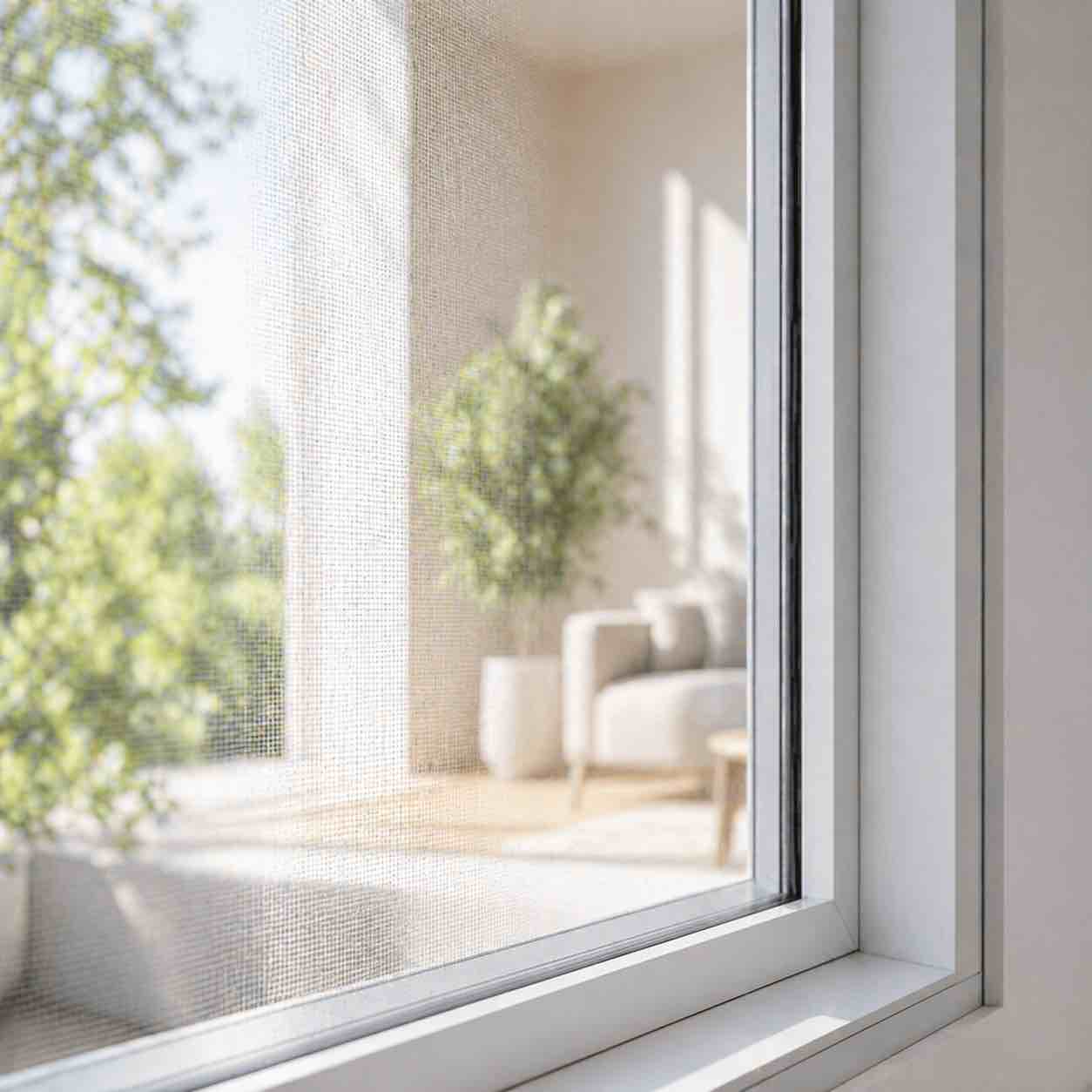 Fliegengitter Spannrahmen am Fenster mit klarer Durchsicht nach außen