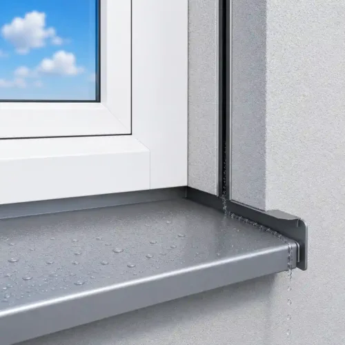 Fenorm SlideAlu Außenfensterbank nach Maß aus Aluminium mit eingeputztem Gleitabschluss und Aufsteckwinkel bei Sonnenschutz