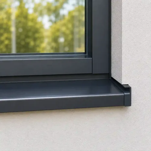 Gutmann Alu Außenfensterbank nach Maß in Anthrazit mit eingeputztem Seitenabschluss und moderner Fassadenmontage