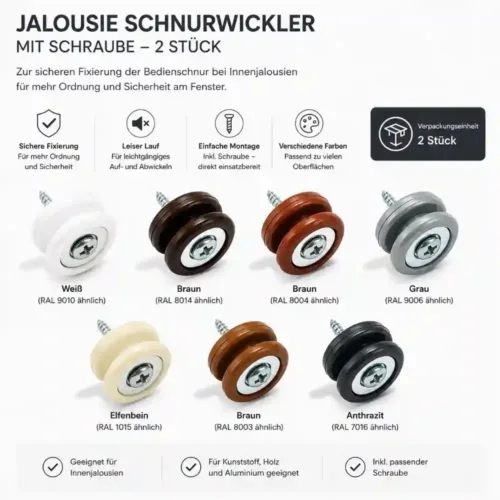 Jalousie Schnurwickler mit Schraube in verschiedenen Farben für Innenjalousien – Kunststoff Schnurhalter zur sicheren Fixierung der Bedienschnur.