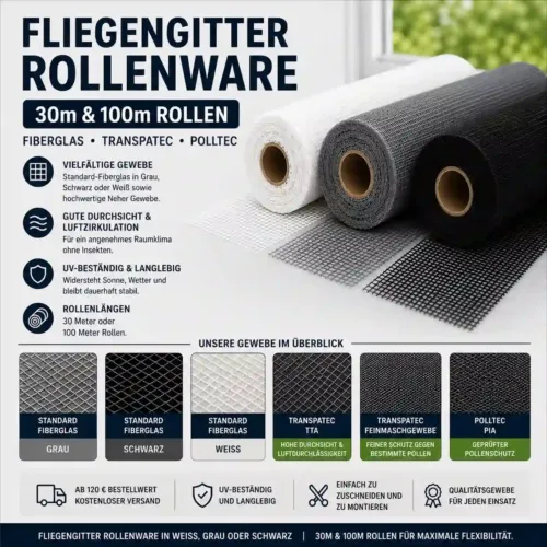 Fliegengitter Rollenware als 30m und 100m Rolle mit Fiberglasgewebe, Transpatec Gewebe und Pollenschutzgewebe Polltec