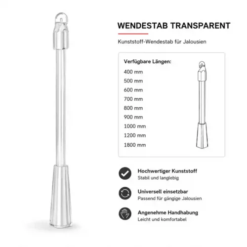 Transparenter Kunststoff Wendestab für Innenjalousien in verschiedenen Längen von 400 mm bis 1800 mm