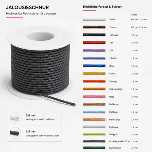 Jalousieschnur als Meterware für Innenjalousien in verschiedenen Farben und den Stärken 0,8 mm und 1,4 mm