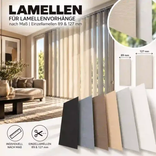 Lamellen für Lamellenvorhänge nach Maß in 89 und 127 mm Breite, verschiedene Stofffarben