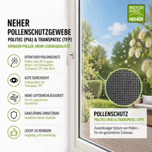 Pollenschutzgewebe von Neher mit Polltec PIA und Transpatec Feinmaschgewebe TFP für Fenster und Türen